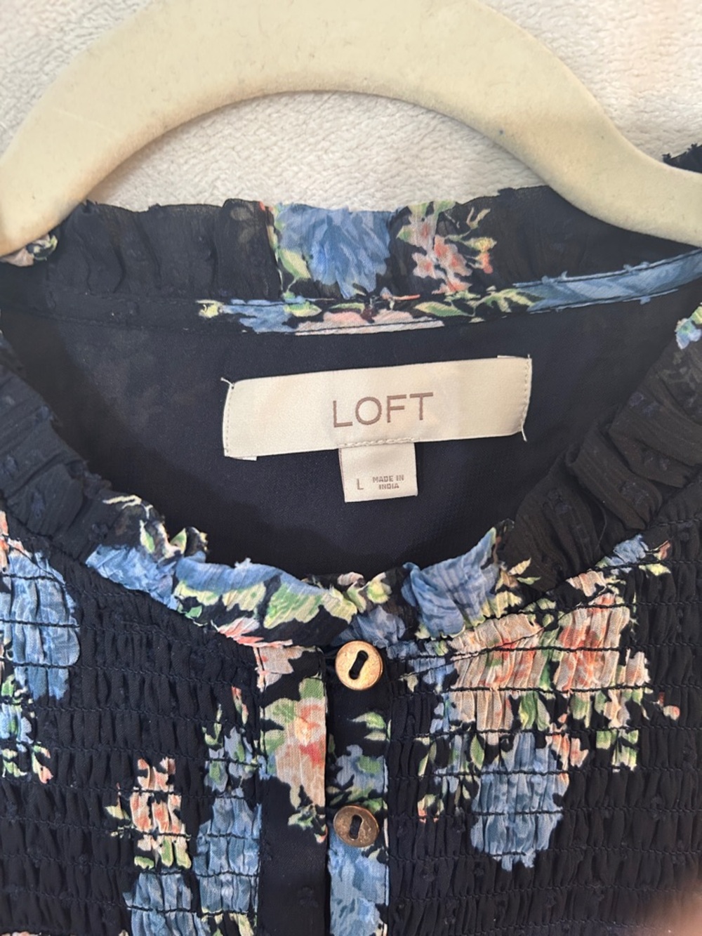 LOFT Navy Floral Button-Front Ruffle Sleeve Top - Picture 3 of 10